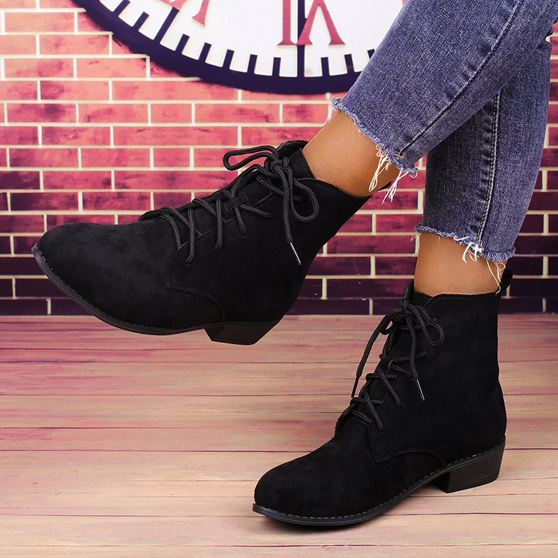 Block Heel Ankle Boots - Women's Fashion Black Lace-Up Ankle Boots