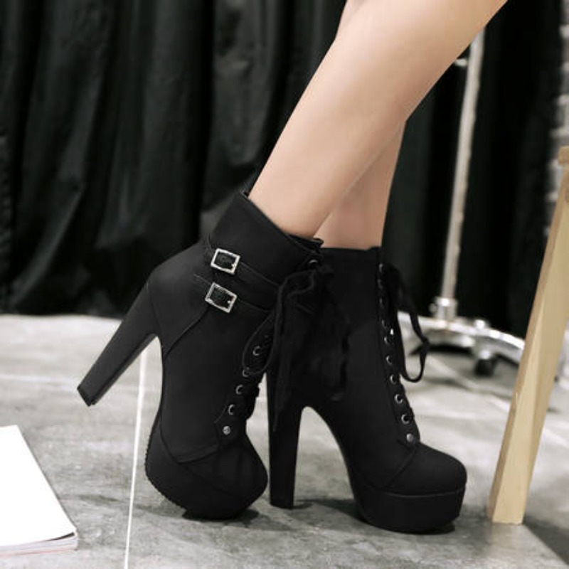 Block Heel Ankle Boots - Winter Women Platform Ankle Boots 12cm