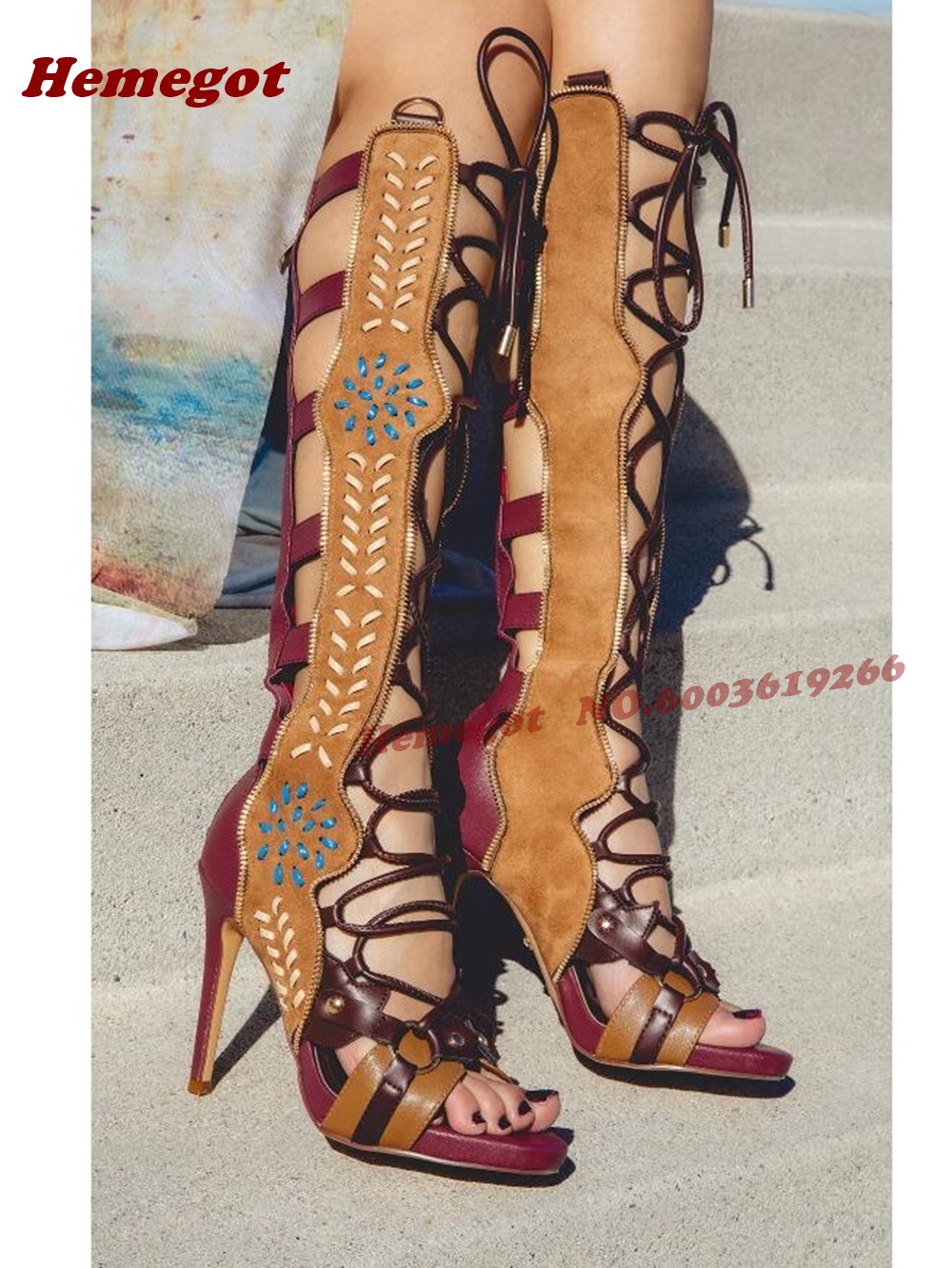 High Knee Heel Boots - Bohemian Embroidered Gladiator Knee-High Stiletto Sandal