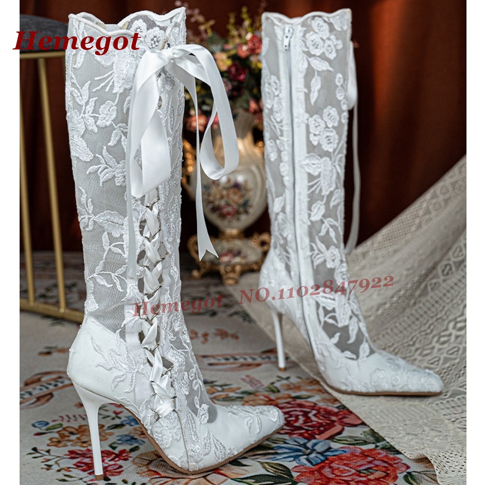 Women Shoes Boots - Lace Flower Print Romantic Sandals Pointy