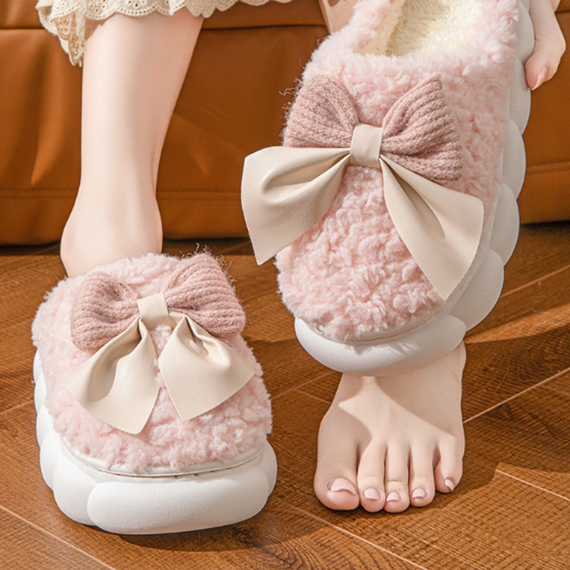 Women Shoes Winter - Sweet Bowknot Furry Indoor Slippers Women