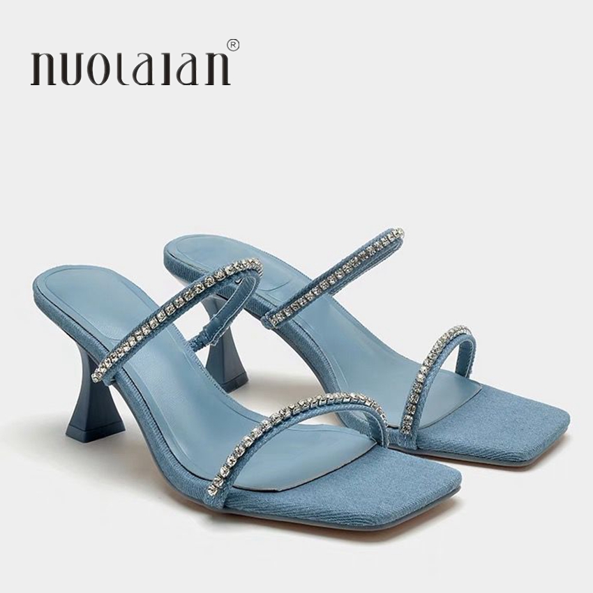 Denim Rhinestone Heels Sandals – Women Shoes Jeans recenzja i cena