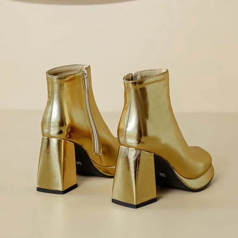 Shiny Silver Gold Winter Autum – Block Heel Ankle Boots recenzja i cena