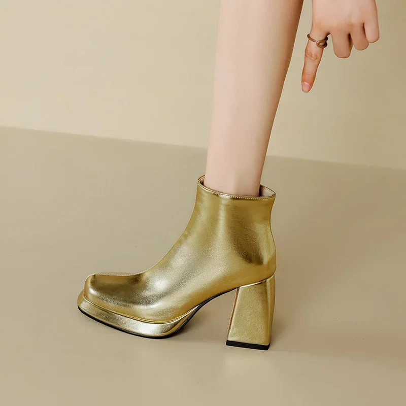 Shiny Silver Gold Winter Autum – Block Heel Ankle Boots recenzja i cena