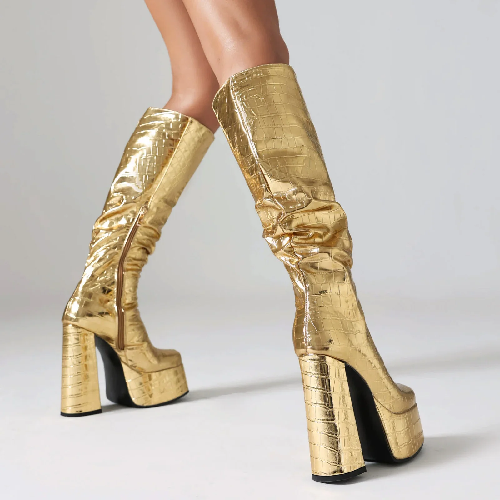 Shiny Silver Women Pleated Pla – High Knee Heel Boots recenzja i cena