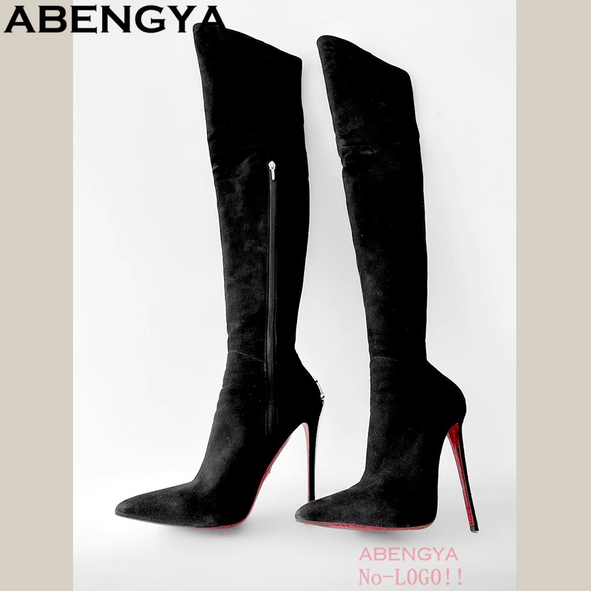 ABENGYA Sexy Black Suede Leath – High Knee Heel Boots recenzja i cena