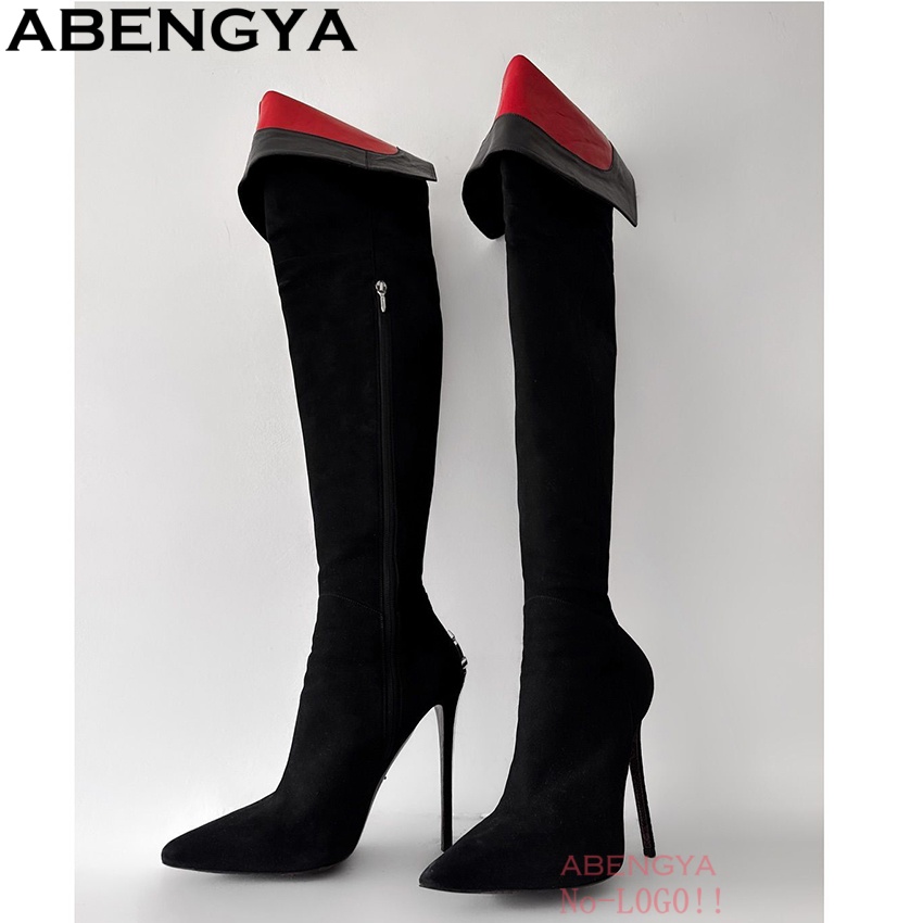 ABENGYA Sexy Black Suede Leath – High Knee Heel Boots recenzja i cena