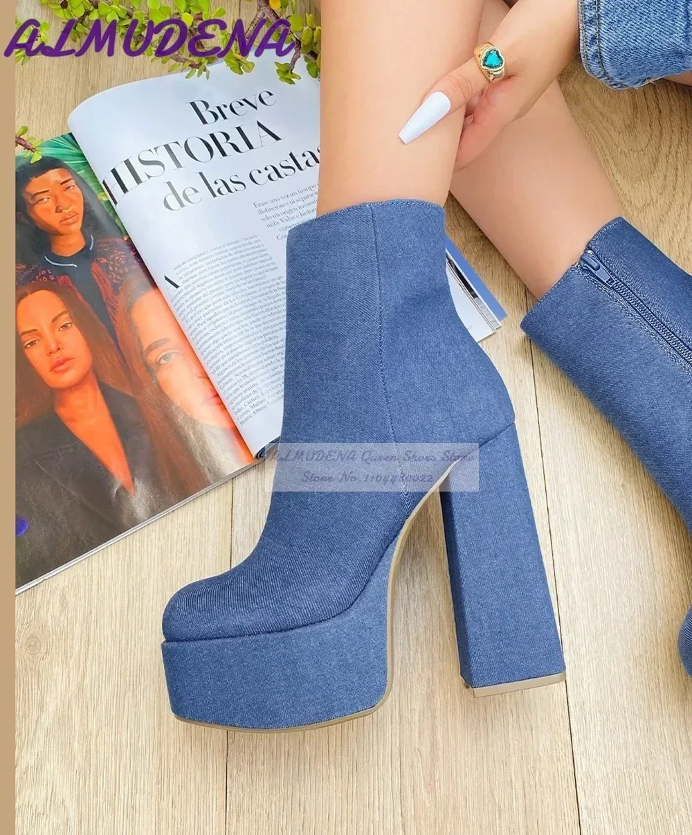 ALMUDENA Blue Denim Block Heel – Women Shoes Jeans recenzja i cena
